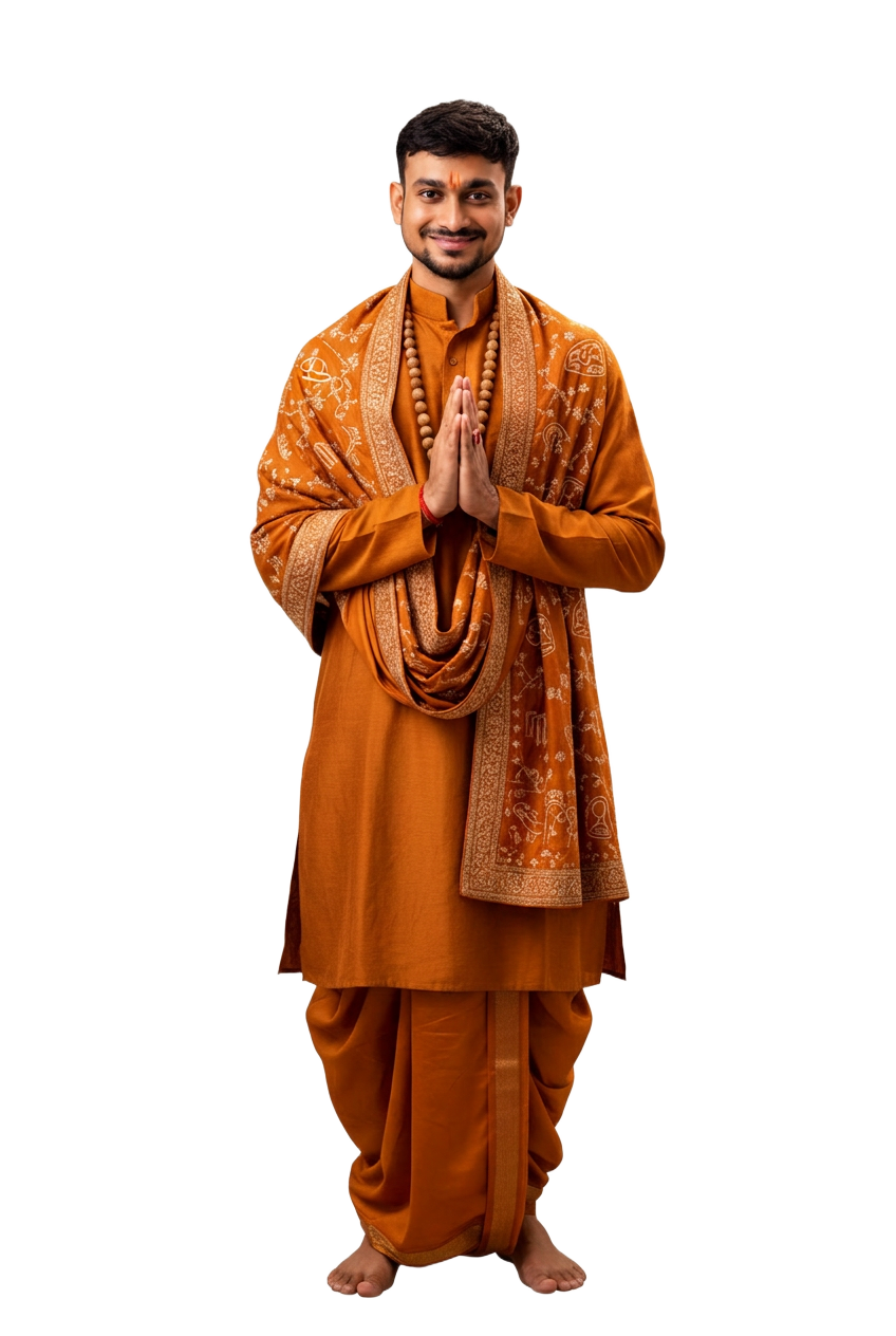 Ram Prasad Patra in traditional orange attire with folded hands